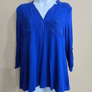 Cable & Gauge Cobalt Blue Split Neck Tunic Top Roll Tab Sleeves Size M